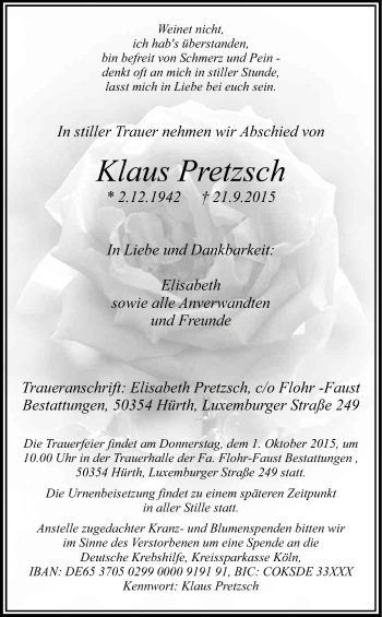 Anzeige von Klaus Pretzsch von Kölner Stadt-Anzeiger / Kölnische Rundschau / Express