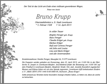 Anzeige von Bruno Krupp von Kölner Stadt-Anzeiger / Kölnische Rundschau / Express