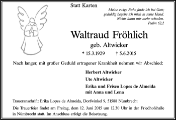 Anzeige von Waltraud Fröhlich von Kölner Stadt-Anzeiger / Kölnische Rundschau / Express