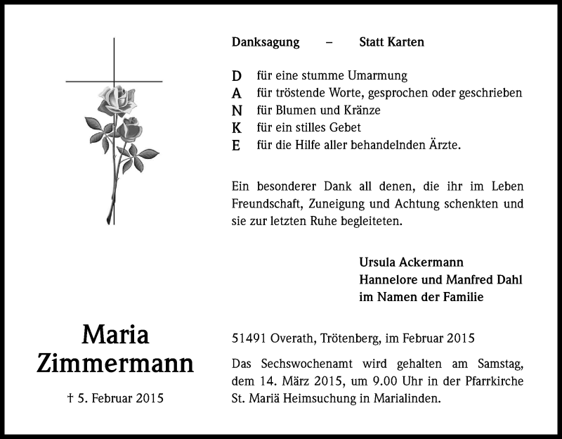  Traueranzeige für Maria Zimmermann vom 28.02.2015 aus Kölner Stadt-Anzeiger / Kölnische Rundschau / Express