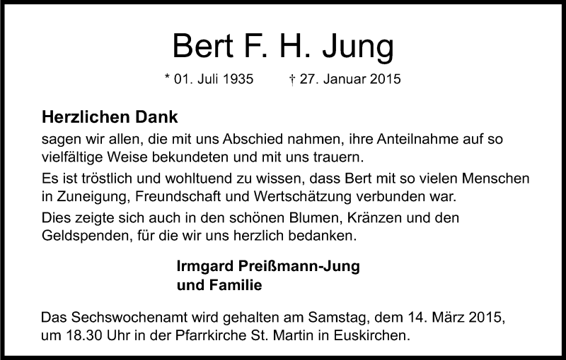  Traueranzeige für Bert F. H. Jung vom 28.02.2015 aus Kölner Stadt-Anzeiger / Kölnische Rundschau / Express