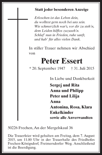 Anzeige von Peter Essert von  Wochenende 