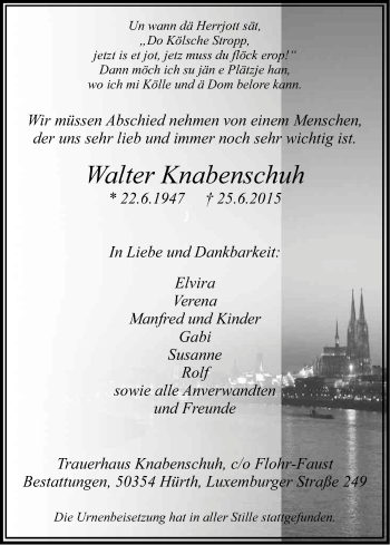 Anzeige von Walter Knabenschuh von Kölner Stadt-Anzeiger / Kölnische Rundschau / Express