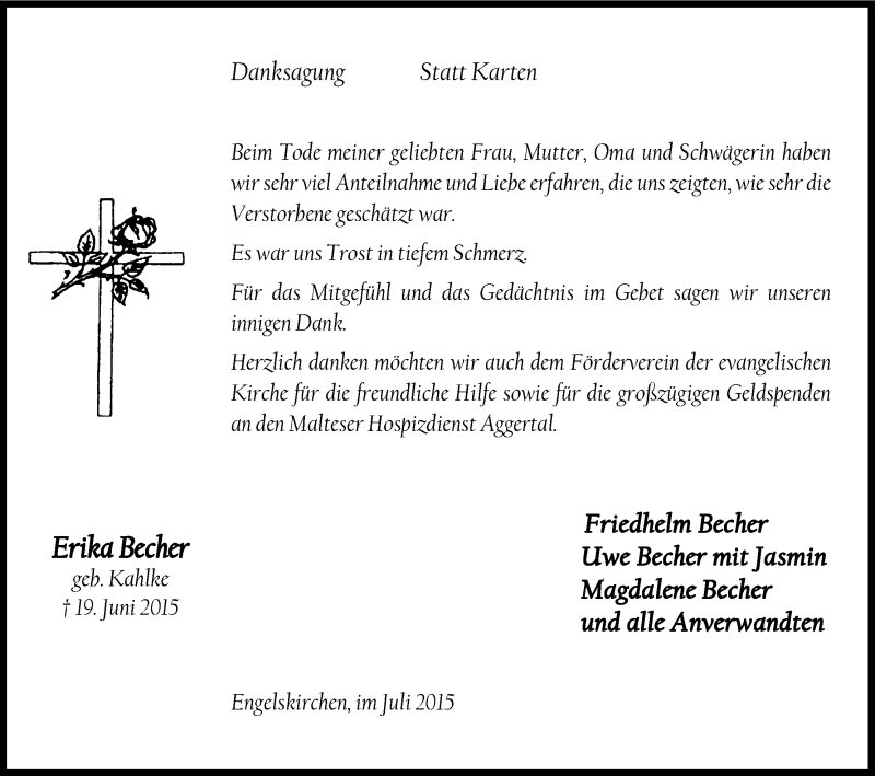  Traueranzeige für Erika Becher vom 18.07.2015 aus Kölner Stadt-Anzeiger / Kölnische Rundschau / Express