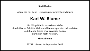 Anzeige von Karl W. Blume von Kölner Stadt-Anzeiger / Kölnische Rundschau / Express