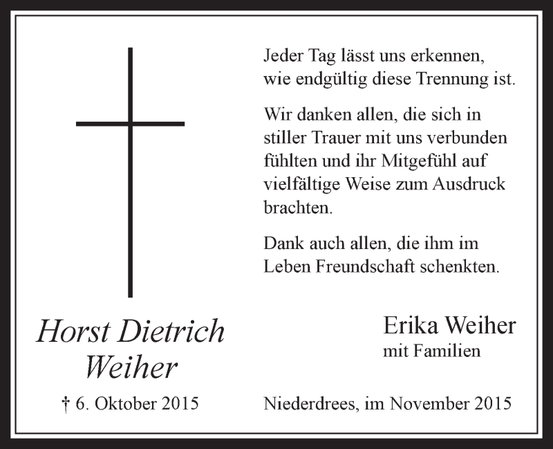  Traueranzeige für Horst Dietrich Weiher vom 11.11.2015 aus  Schaufenster/Blickpunkt 