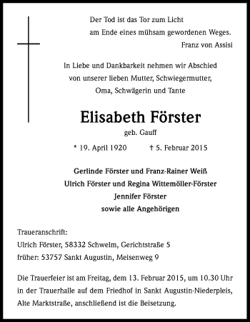 Anzeige von Elisabeth Förster von Kölner Stadt-Anzeiger / Kölnische Rundschau / Express