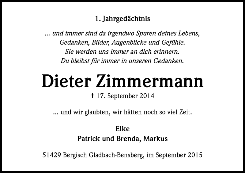  Traueranzeige für Dieter Zimmermann vom 17.09.2015 aus Kölner Stadt-Anzeiger / Kölnische Rundschau / Express