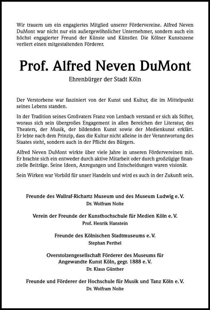  Traueranzeige für Alfred Neven DuMont vom 06.06.2015 aus Kölner Stadt-Anzeiger / Kölnische Rundschau / Express