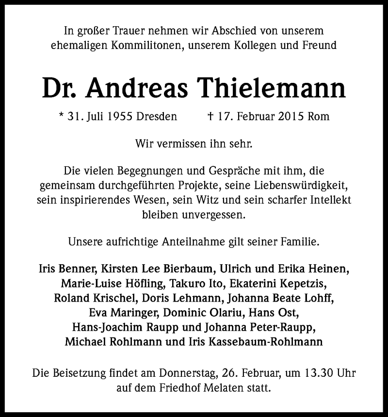  Traueranzeige für Andreas Thielemann vom 21.02.2015 aus Kölner Stadt-Anzeiger / Kölnische Rundschau / Express