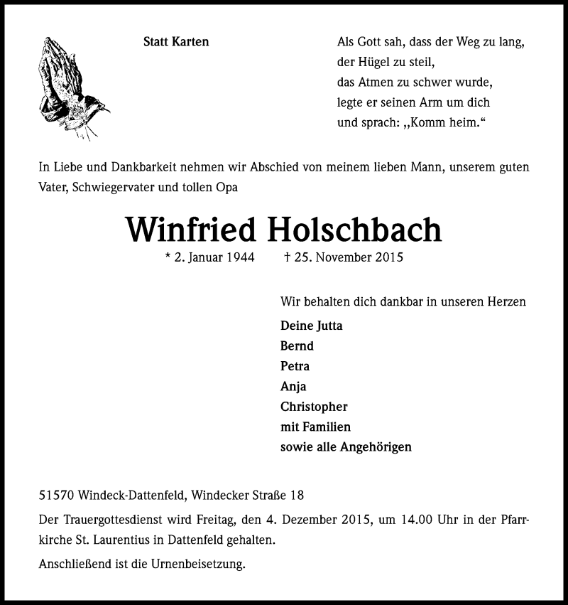  Traueranzeige für Winfried Holschbach vom 28.11.2015 aus Kölner Stadt-Anzeiger / Kölnische Rundschau / Express