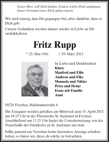 Anzeige von Fritz Rupp von  Sonntags-Post 