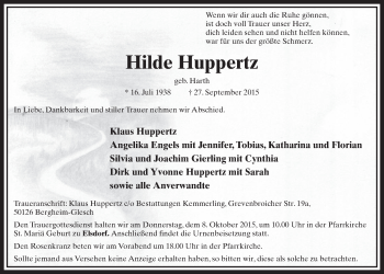 Anzeige von Hilde Huppertz von  Sonntags-Post 