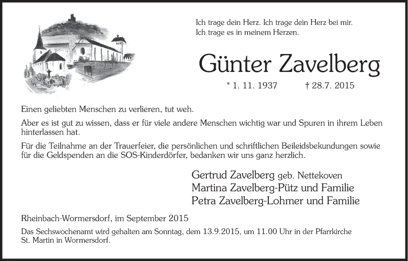  Traueranzeige für Günter Zavelberg vom 09.09.2015 aus  Schaufenster/Blickpunkt 