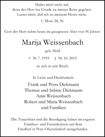 Anzeige von Marija Weissenbach von  Kölner Wochenspiegel 