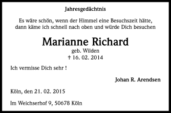 Anzeige von Marianne Richard von Kölner Stadt-Anzeiger / Kölnische Rundschau / Express