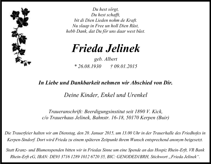  Traueranzeige für Frieda Jelinek vom 17.01.2015 aus Kölner Stadt-Anzeiger / Kölnische Rundschau / Express
