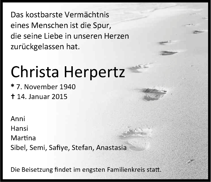 Traueranzeige für Christa Herpertz vom 19.01.2015 aus Kölner Stadt-Anzeiger / Kölnische Rundschau / Express