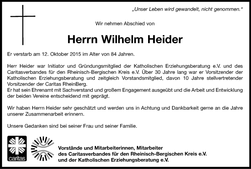  Traueranzeige für Wilhelm Heider vom 28.10.2015 aus Kölner Stadt-Anzeiger / Kölnische Rundschau / Express