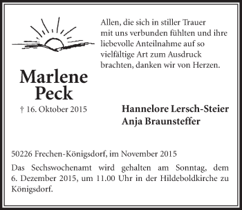 Anzeige von Marlene Peck von  Sonntags-Post 