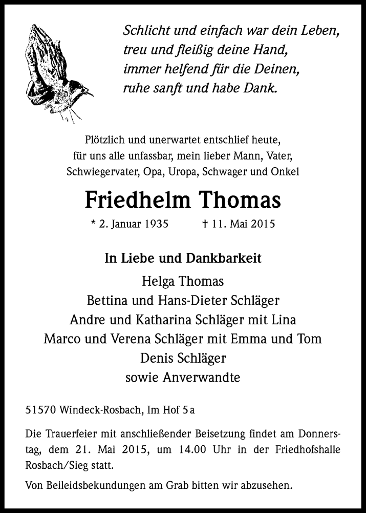  Traueranzeige für Friedhelm Thomas vom 16.05.2015 aus Kölner Stadt-Anzeiger / Kölnische Rundschau / Express
