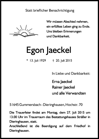 Anzeige von Egon Jaeckel von Kölner Stadt-Anzeiger / Kölnische Rundschau / Express