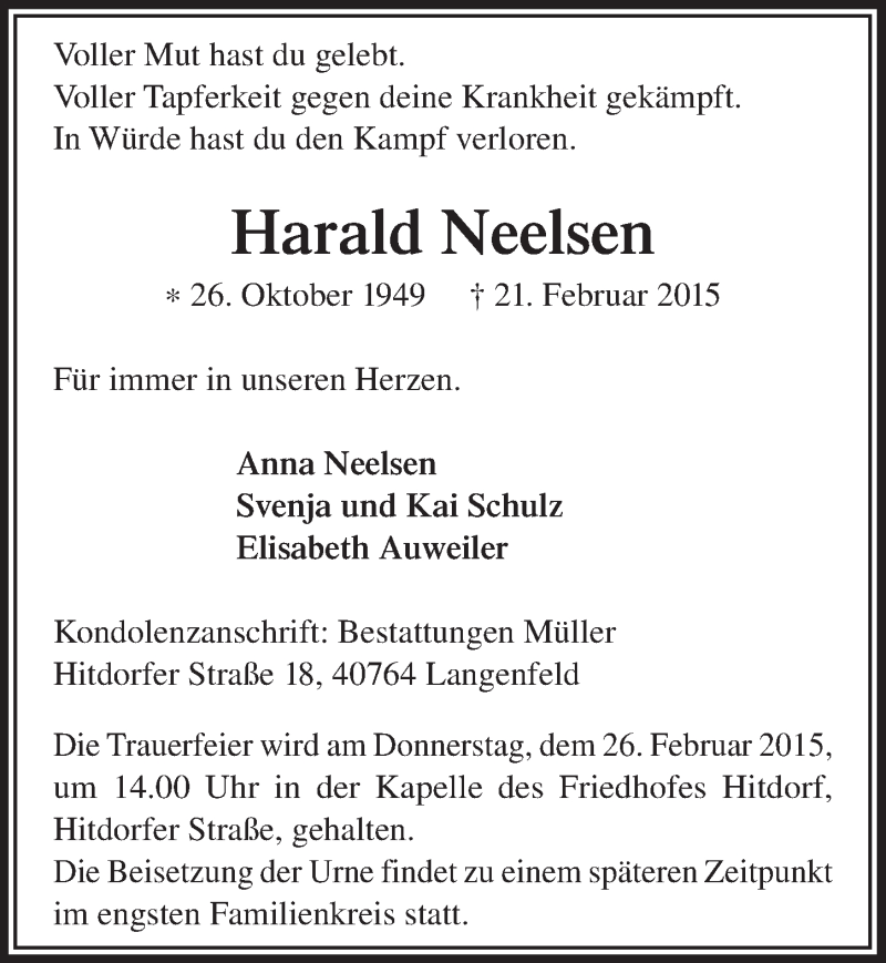  Traueranzeige für Harald Neelsen vom 25.02.2015 aus  Lokale Informationen 