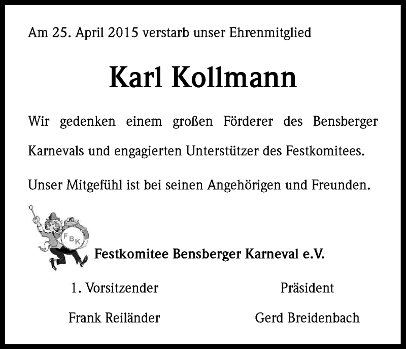  Traueranzeige für Karl Kollmann vom 09.05.2015 aus Kölner Stadt-Anzeiger / Kölnische Rundschau / Express