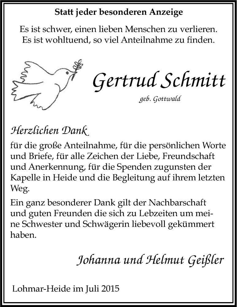  Traueranzeige für Gertrud Schmitt vom 01.08.2015 aus Kölner Stadt-Anzeiger / Kölnische Rundschau / Express