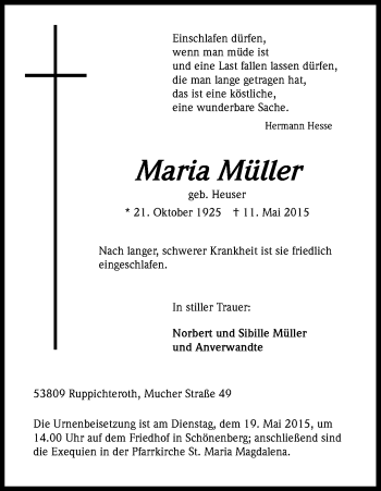 Anzeige von Maria Müller von Kölner Stadt-Anzeiger / Kölnische Rundschau / Express