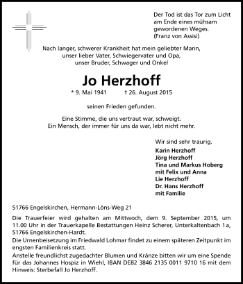 Anzeige von Jo Herzhoff von Kölner Stadt-Anzeiger / Kölnische Rundschau / Express