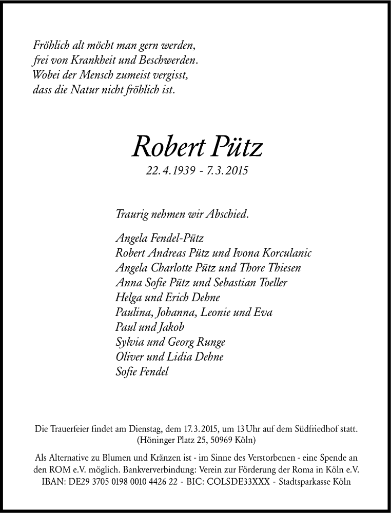  Traueranzeige für Robert Pütz vom 13.03.2015 aus Kölner Stadt-Anzeiger / Kölnische Rundschau / Express