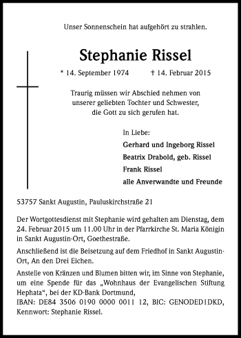 Anzeige von Stephanie Rissel von Kölner Stadt-Anzeiger / Kölnische Rundschau / Express