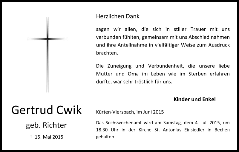  Traueranzeige für Gertrud Cwik vom 27.06.2015 aus Kölner Stadt-Anzeiger / Kölnische Rundschau / Express