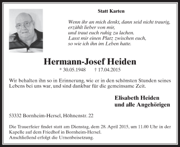 Anzeige von Hermann-Josef Heiden von  Schaufenster/Blickpunkt  Schlossbote/Werbekurier 