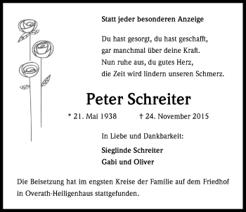 Anzeige von Peter Schreiter von Kölner Stadt-Anzeiger / Kölnische Rundschau / Express