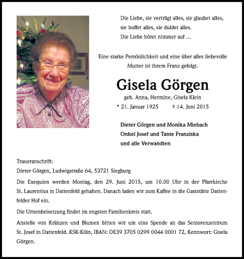 Anzeige von Gisela Görgen von Kölner Stadt-Anzeiger / Kölnische Rundschau / Express