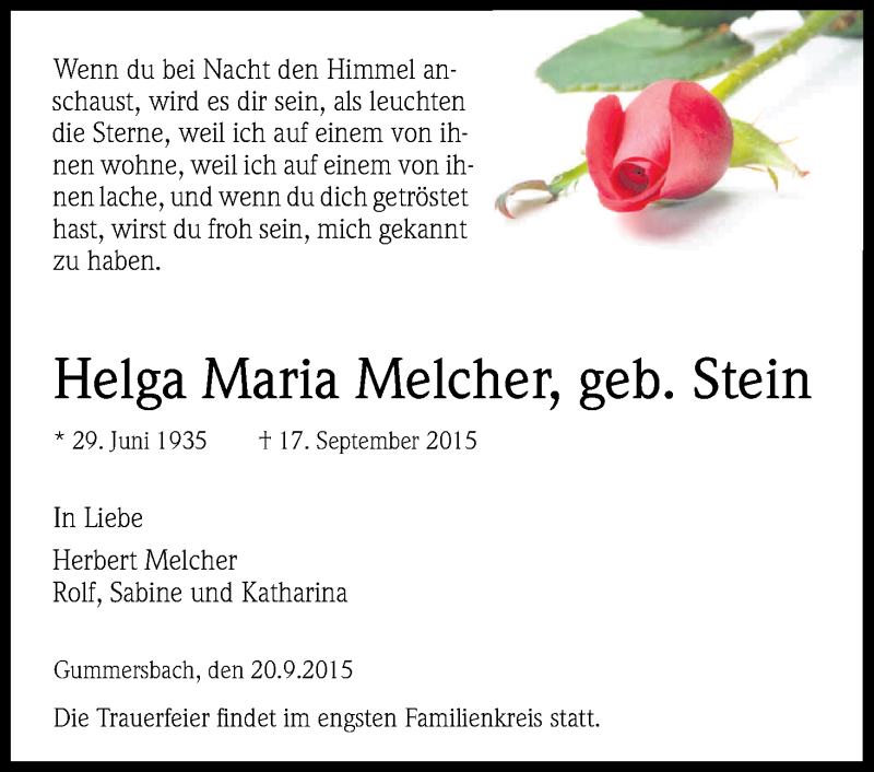  Traueranzeige für Helga Maria Melcher vom 26.09.2015 aus Kölner Stadt-Anzeiger / Kölnische Rundschau / Express
