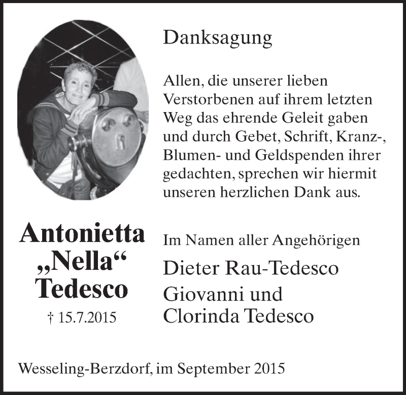  Traueranzeige für Antonietta Tedesco vom 02.09.2015 aus  Schlossbote/Werbekurier 