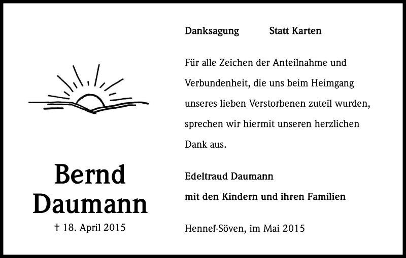  Traueranzeige für Bernd Daumann vom 16.05.2015 aus Kölner Stadt-Anzeiger / Kölnische Rundschau / Express