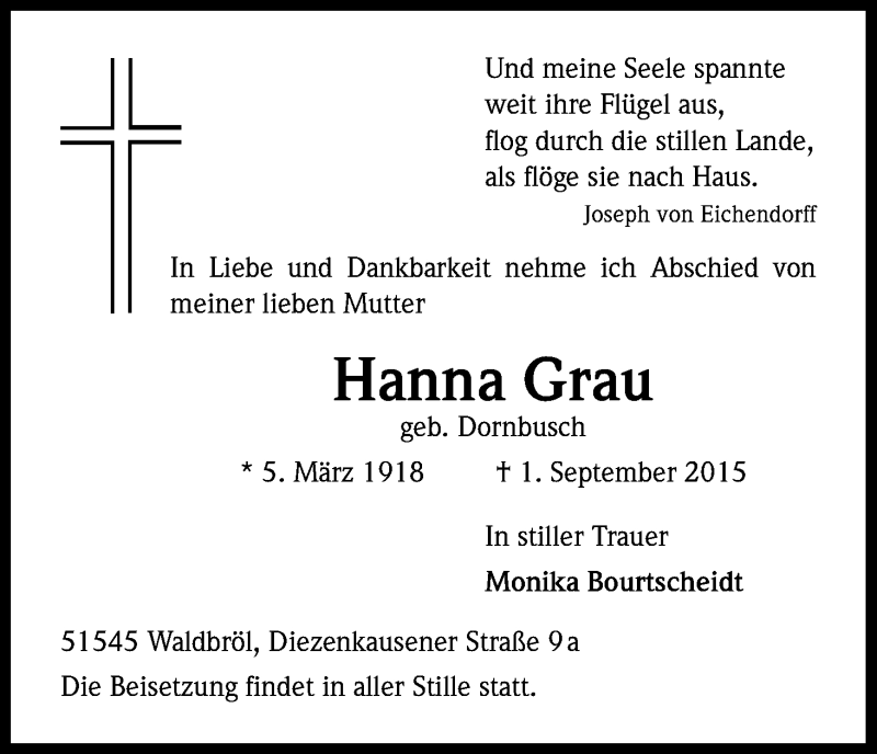  Traueranzeige für Hanna Grau vom 05.09.2015 aus Kölner Stadt-Anzeiger / Kölnische Rundschau / Express