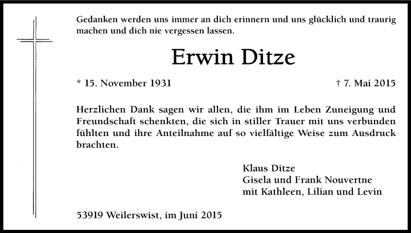  Traueranzeige für Erwin Ditze vom 27.06.2015 aus Kölner Stadt-Anzeiger / Kölnische Rundschau / Express