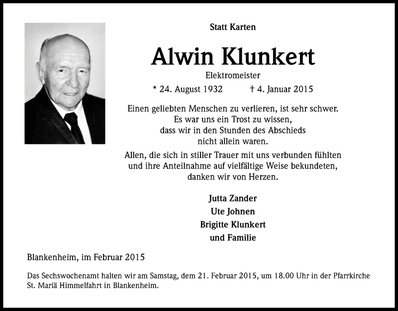  Traueranzeige für Alwin Klunkert vom 11.02.2015 aus Kölner Stadt-Anzeiger / Kölnische Rundschau / Express