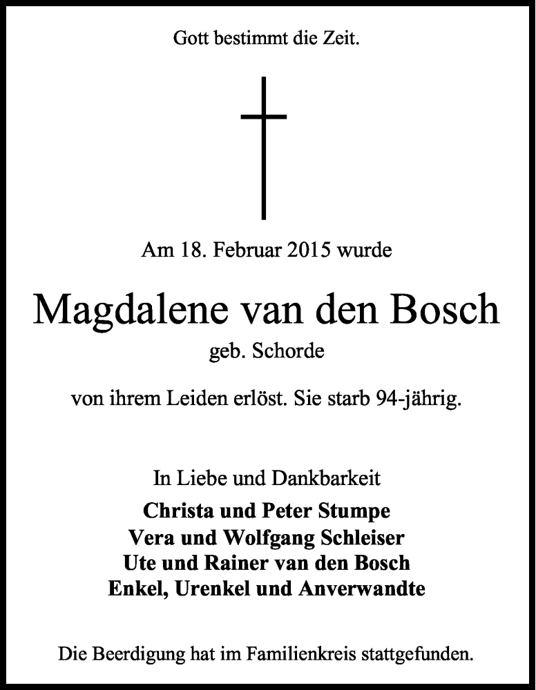  Traueranzeige für Magdalene van den Bosch vom 28.02.2015 aus Kölner Stadt-Anzeiger / Kölnische Rundschau / Express