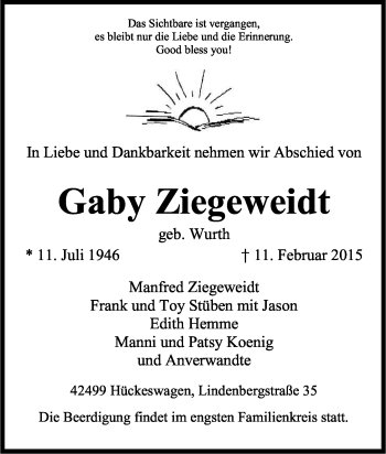Anzeige von Gaby Ziegeweidt von Kölner Stadt-Anzeiger / Kölnische Rundschau / Express