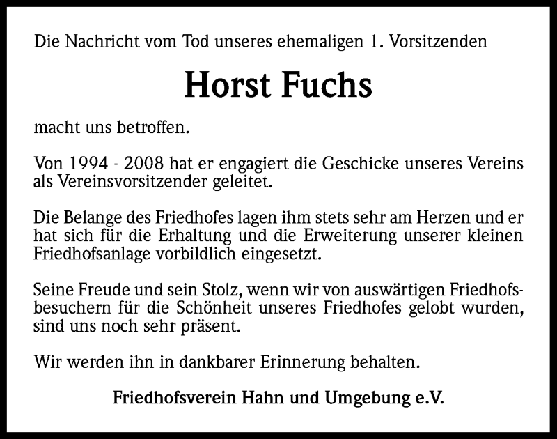  Traueranzeige für Horst Fuchs vom 15.01.2015 aus Kölner Stadt-Anzeiger / Kölnische Rundschau / Express