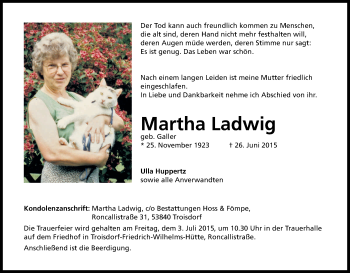 Anzeige von Martha Ladwig von Kölner Stadt-Anzeiger / Kölnische Rundschau / Express