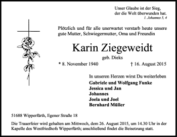 Anzeige von Karin Ziegeweidt von Kölner Stadt-Anzeiger / Kölnische Rundschau / Express