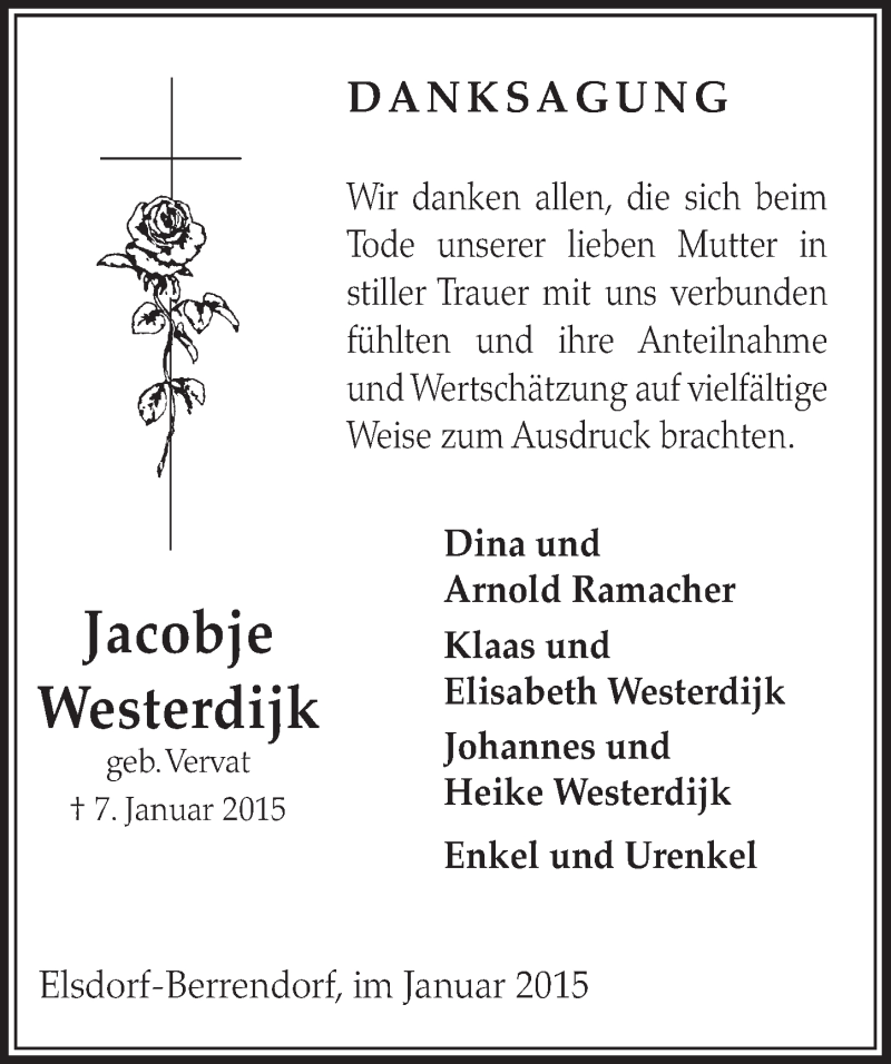 Traueranzeige für Jacobje Westerdijk vom 31.01.2015 aus  Sonntags-Post 