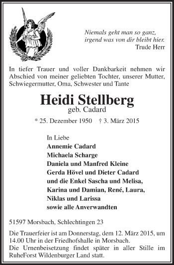 Anzeige von Heidi Stellberg von  Lokalanzeiger 